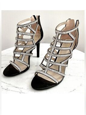 TSOQ - Sparkly Black/Silver Cage High Heeled Sandals - Evening, Party - 37 / 7